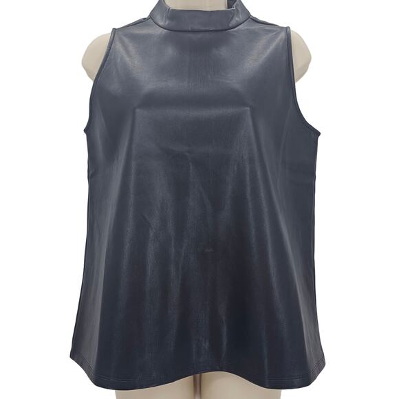 Ann Taylor womans size S Faux Leather Shell Top Navy Sleeveless Mock Neck NEW - Picture 1 of 7